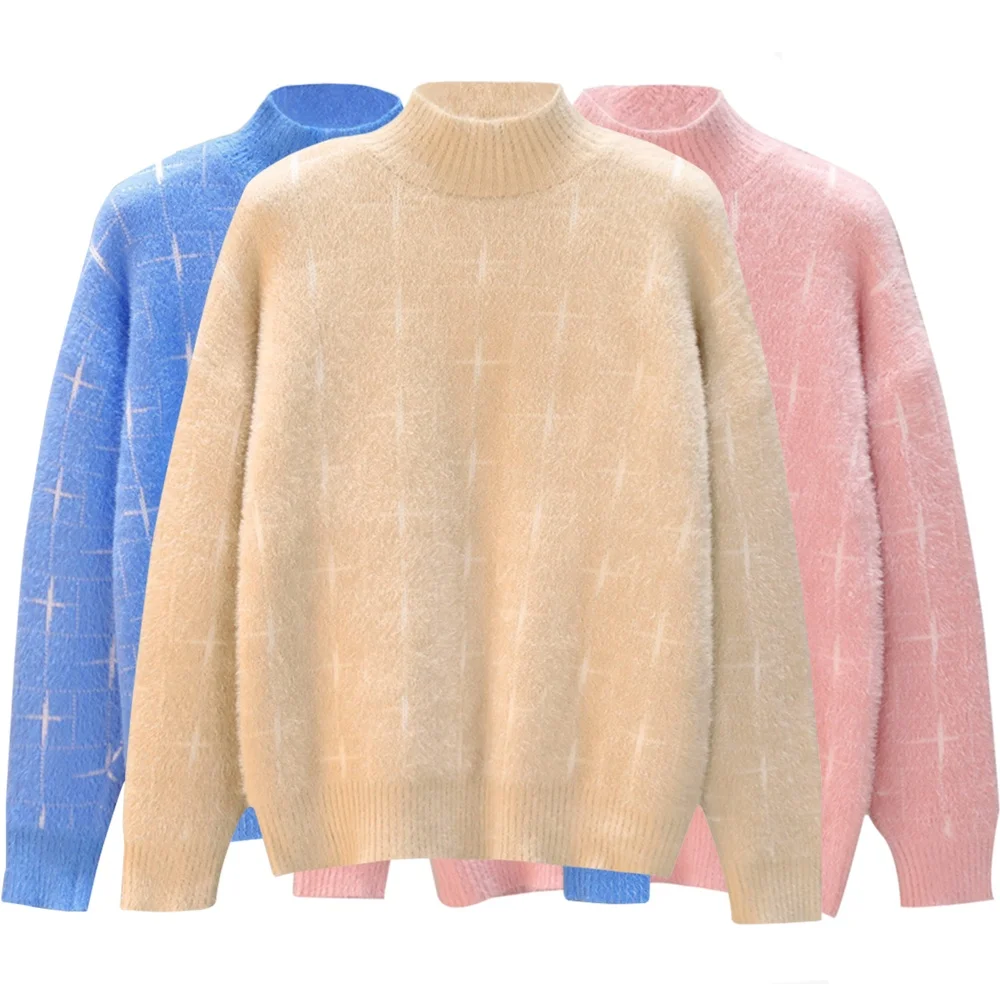 
Jacquard pullover half high neck temperament knitted loose long-sleeved sweater wholesale womens clothing 