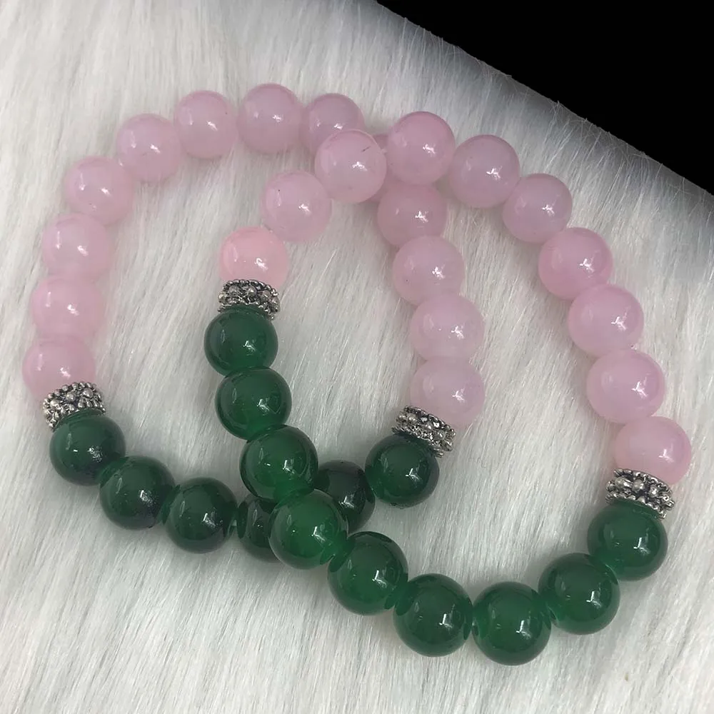 Handmade High Quality 2pcs Heavy Beads Greek Symbol Sorority Elastic Pink & Green Jade Bead Charms Bracelet Jewelry Set