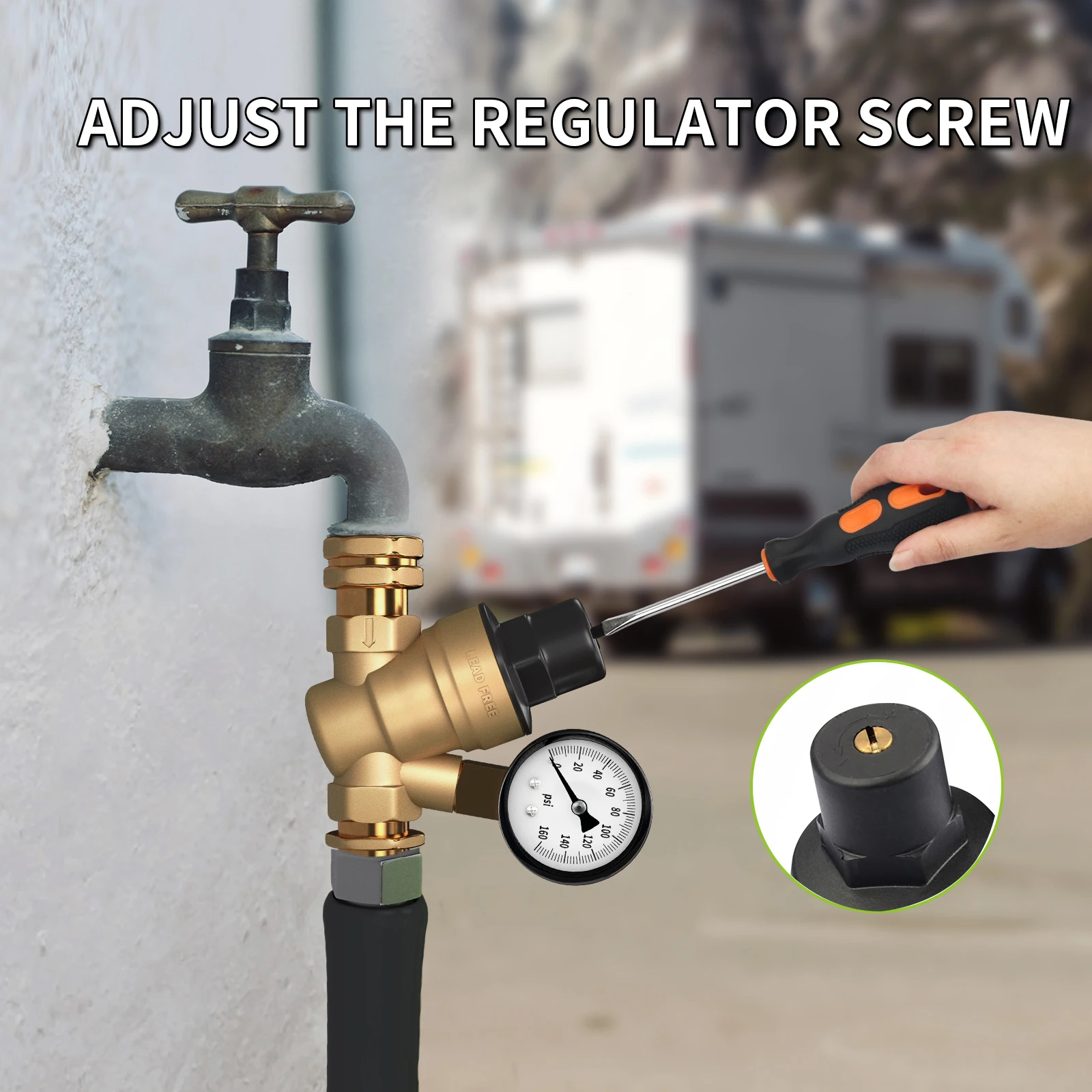 RV Water Pressure Regulator with Gauge,Brass Lead-Free Adjustable Water Pressure Regulator for Camper Caravan Trailer