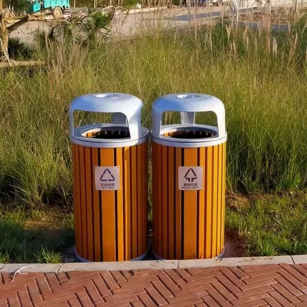 Factory Garbage Bin with Lid Metal Rubbish Can Aluminum Public Trash Can with PS wood Eco Waste Storage