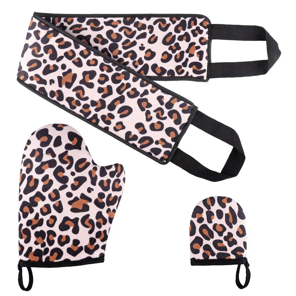Manufacturer Leopard Grain Double Sided Skin Self Tanning Applicator Back Tanning Mitt Set
