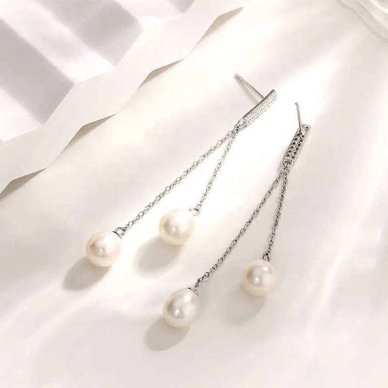 Custom Fashion Earrings Women Elegant Party Jewellery Natural Pearl Zircon Long 925 Sterling Silver Dangle Earrings