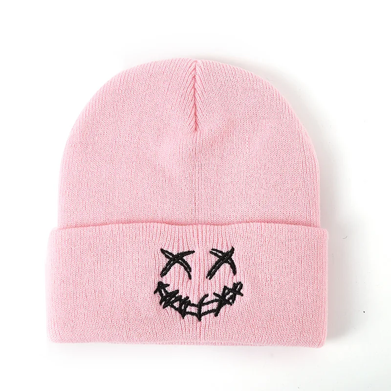 Winter Beanie Hats Stretchy Warm Cap Mens Cuffed Cable Hat Acrylic Skullies Ski Caps Funny Embroidered devil Smiley Beanie Hat