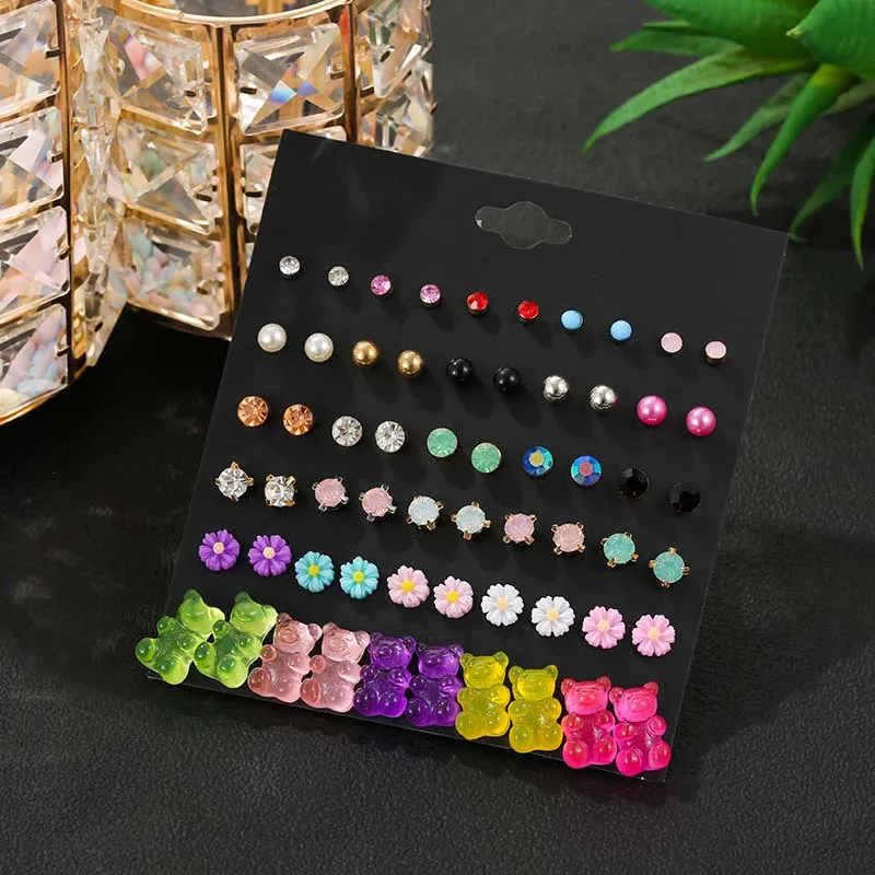Colorful Bear Earrings for Kids Women Little Girls Crystal Stud Earrings Set