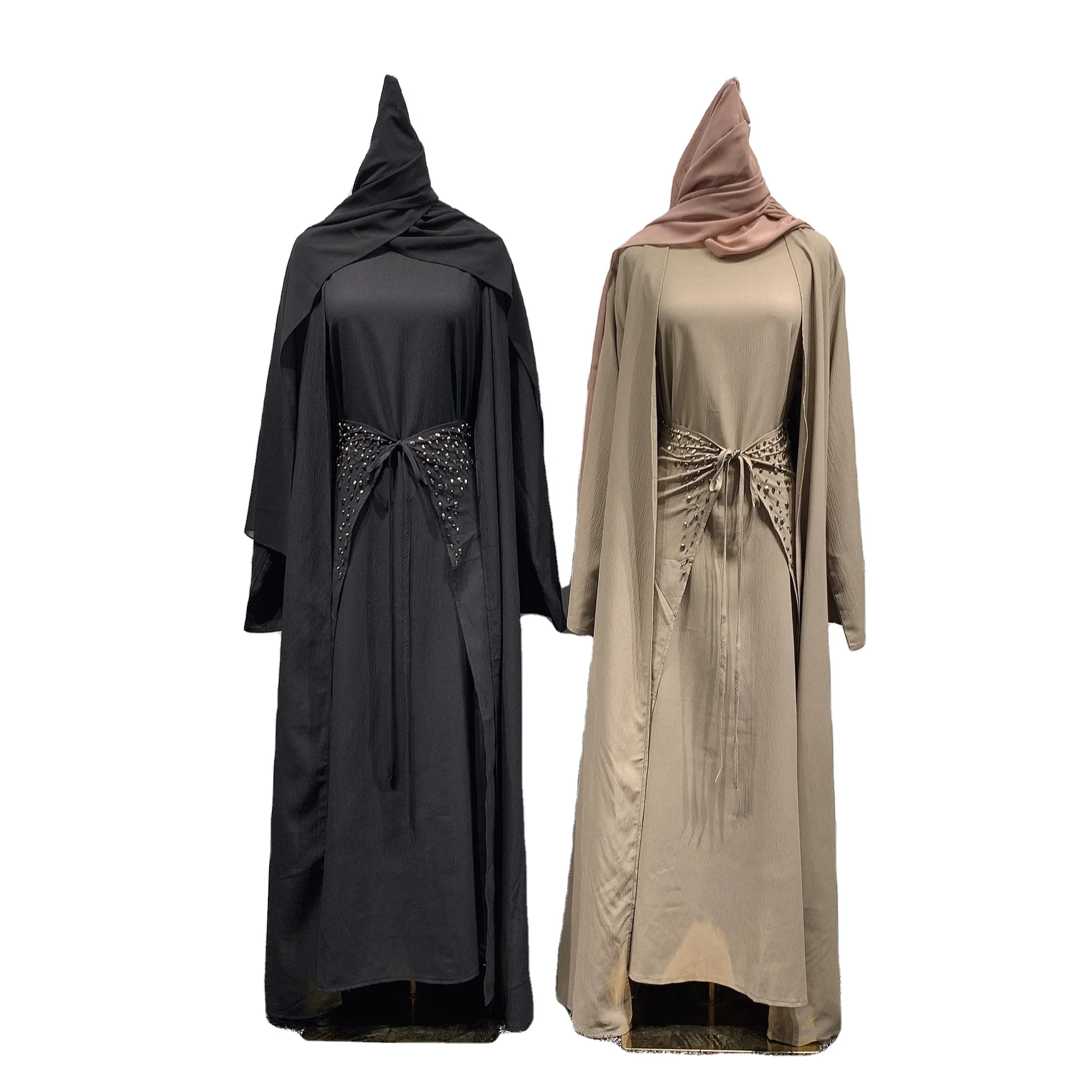 2022 New Women Fashion Muslim Suit 3 Piece Set with Long Sleeve Dress Wrap Skirt Kimono Open Robe with Rhinestones