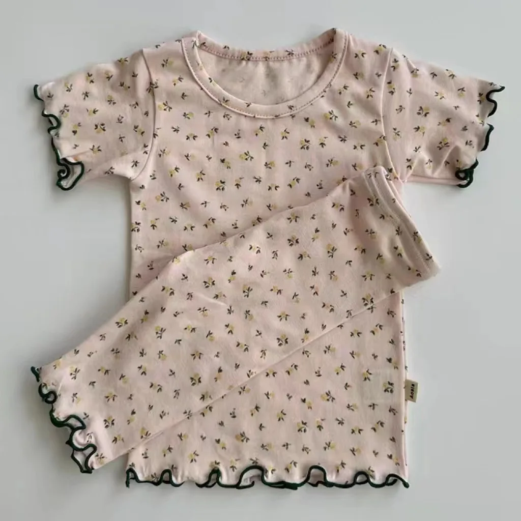 2023 Baby Girl Cute Fragmented Flower Ear Edge Short Sleeve Top Shorts Home Suit Set