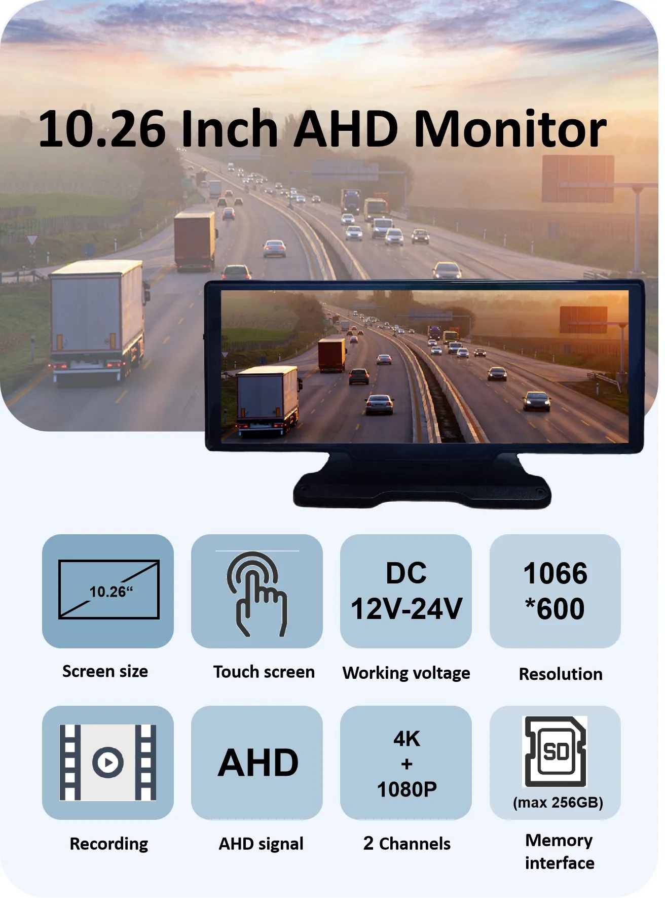 10.26 inch Touch Screen monitor mirror link   car  dual lens 4K 1080P car backup camera vehicle WiFi monitor