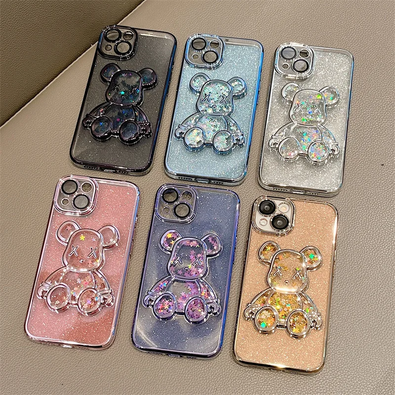 WOWCASE glitter with lens protector bling Electroplated Bear TPU Back Cover Phone Case for iPhone 14 13 12 11 Pro Max 7 8 plus
