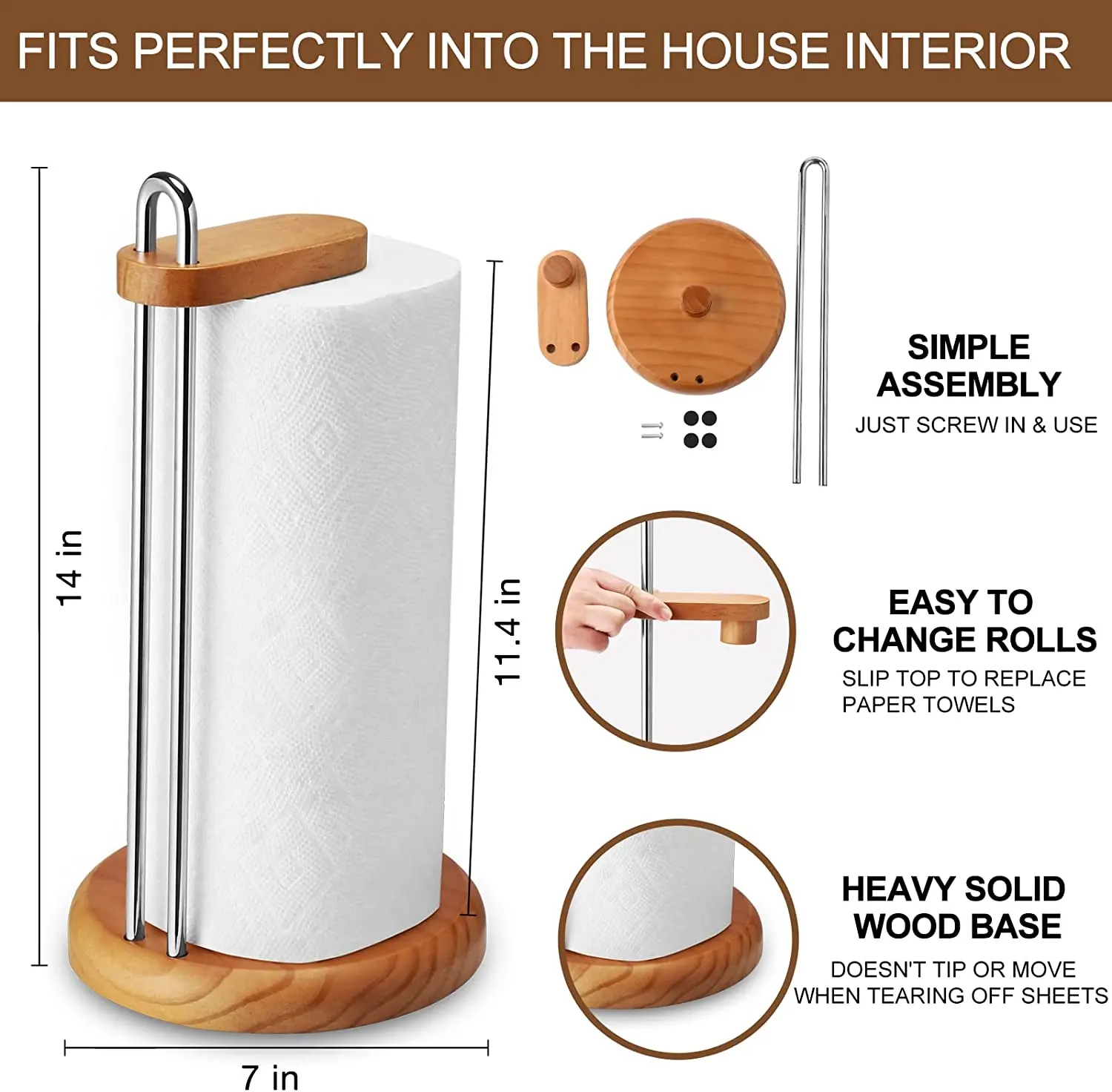 Simple assembly paper towel holder kitchen tissue roll holder suitable for various size bathroom paper holder wood
