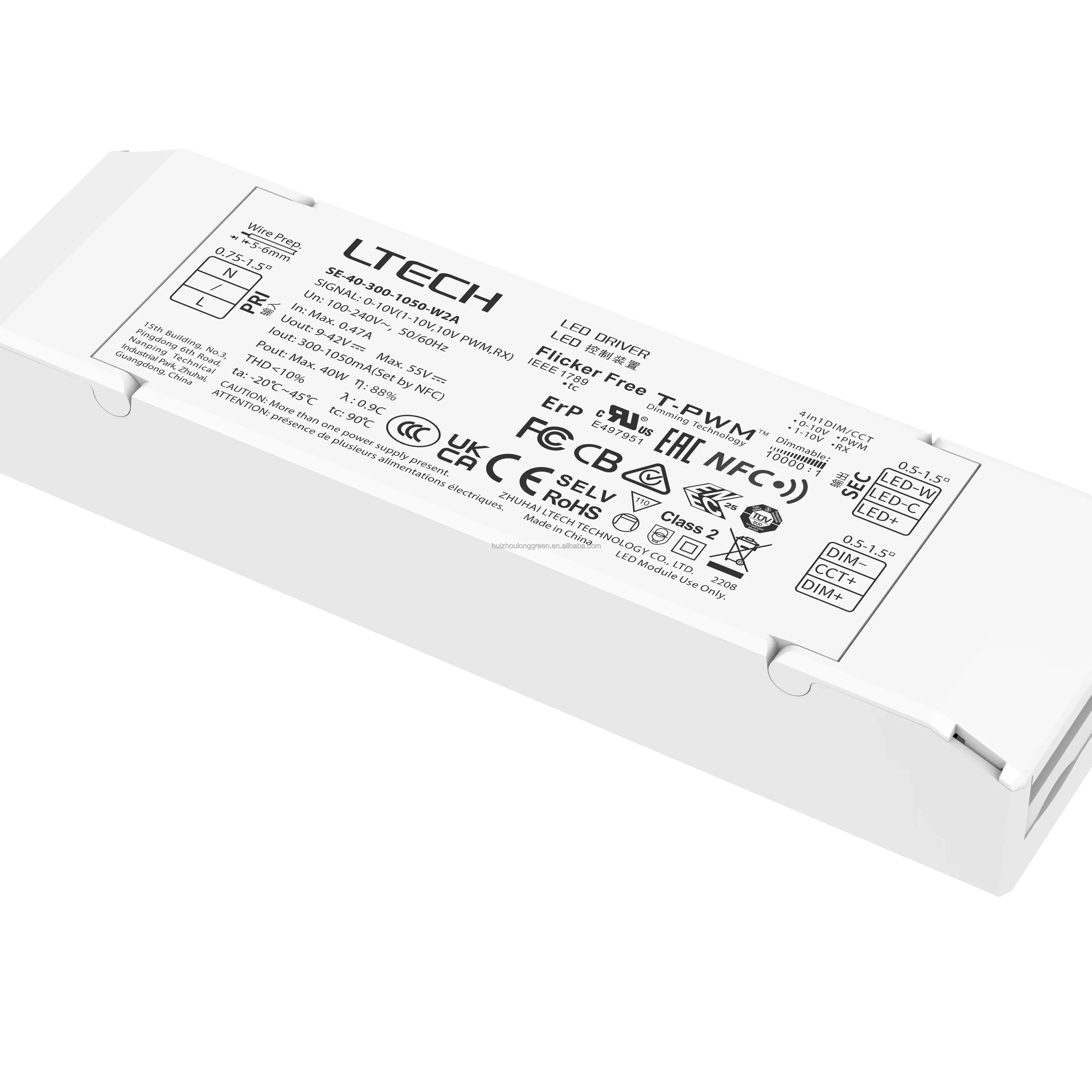 Ltech SE-40-300-1050-W2A 40W 300-1050mA NFC CC 0/1-10V tunable white Constant Current CCT Dimmable LED Driver