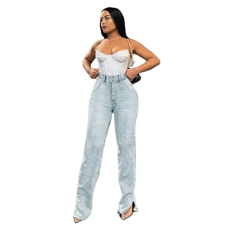 
Highwaist Jeans 2021 New Fashion Denim High Street Split Loose Straight Jeans Spring Trousers for Women ladies 