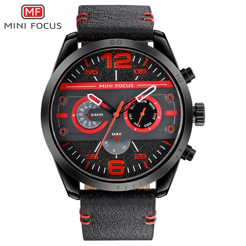 
2019 Minifocus 0068 sport 3ATM water resistant multifunction Chronograph wrist quartz watches for man with genuine leather strap 