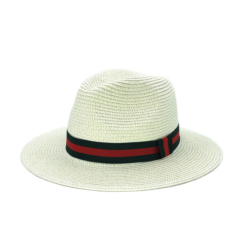 Panama Men Straw Hat With Bee Green Red Striped Ribbon Summer New Colourful Travel Beach Sun Shade Wide Brim Fedora