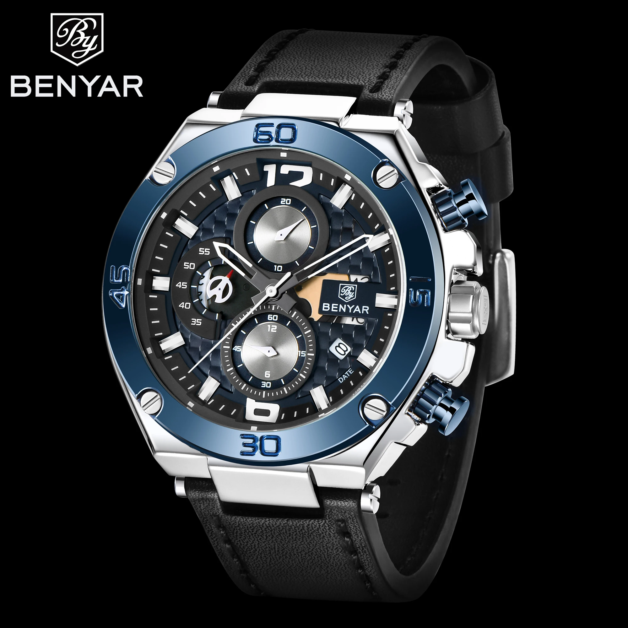 Luxury Brand Benyar Fashion Chronograph Wrist Watches genuine leather strap watch