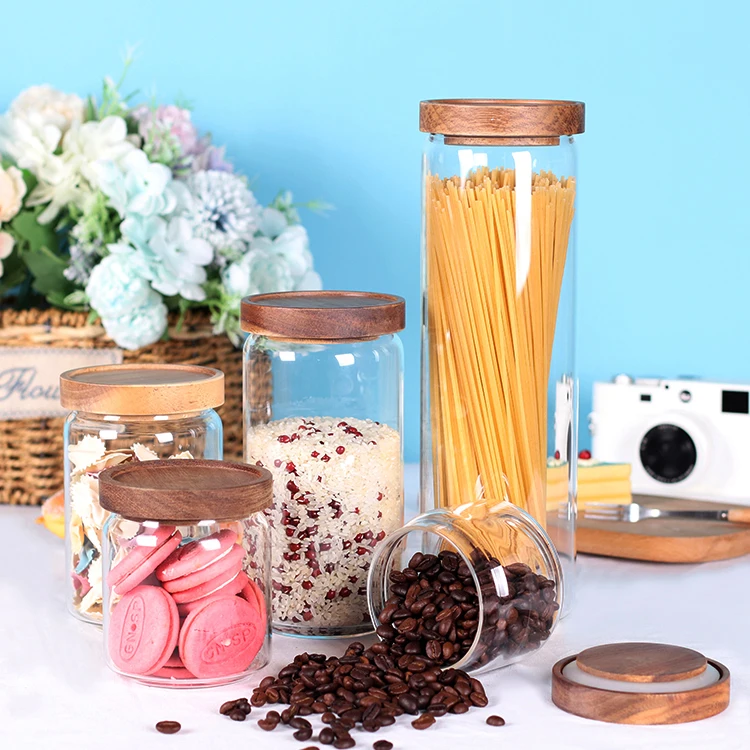 Airtight Smell Proof Glass Food Spice Storage Jars with Acacia Wood Lids Kitchen Containers