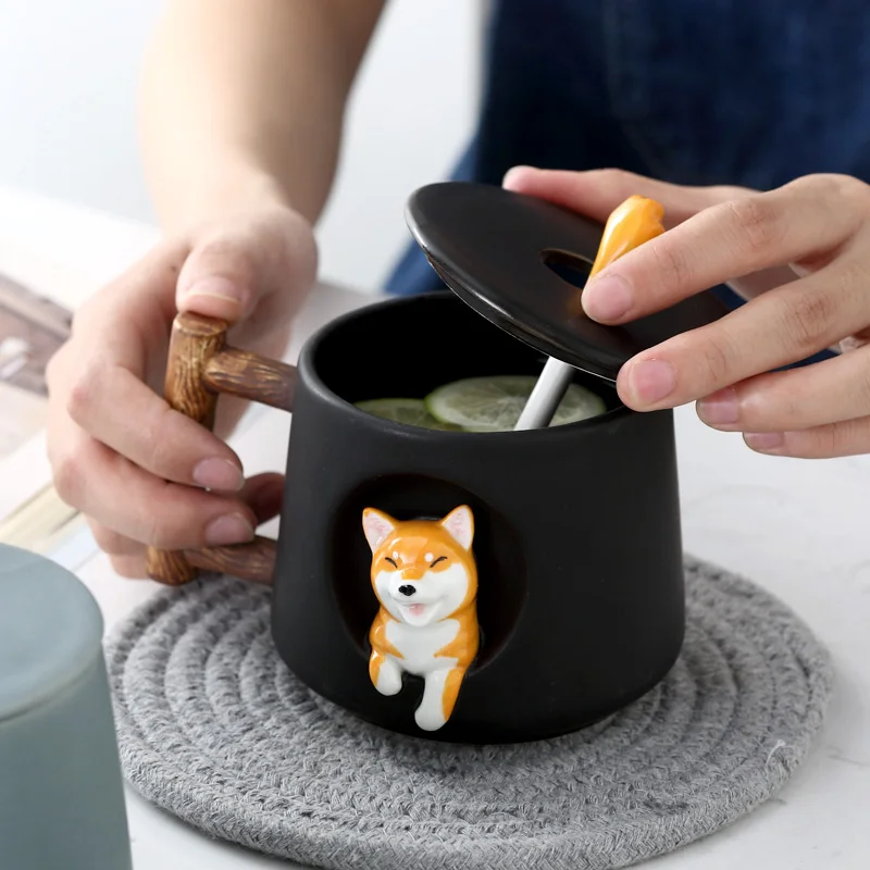 Kawaii керамическая кофейная кружка набор мультфильм 3D Шиба-ину собака рельефная монтируемая Персонализированная чашка для молока чая с крышкой ложкой рождественские