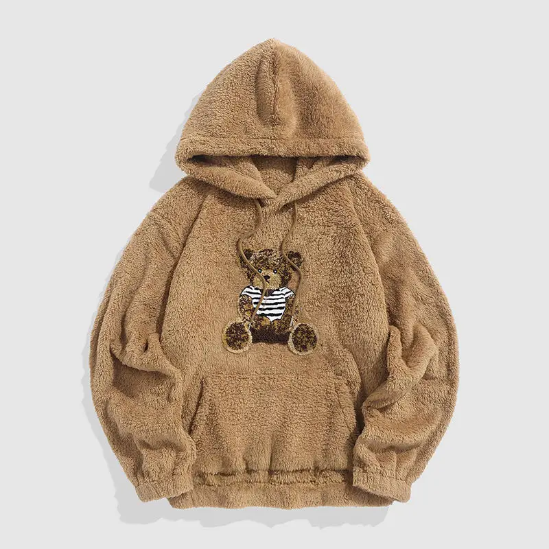 Custom Cute hodie Bear Fluffy faux fur lined Hoodie sweatshirt Velvet hoddie Teddy chenille toothbrush Embroidery Hoodie men
