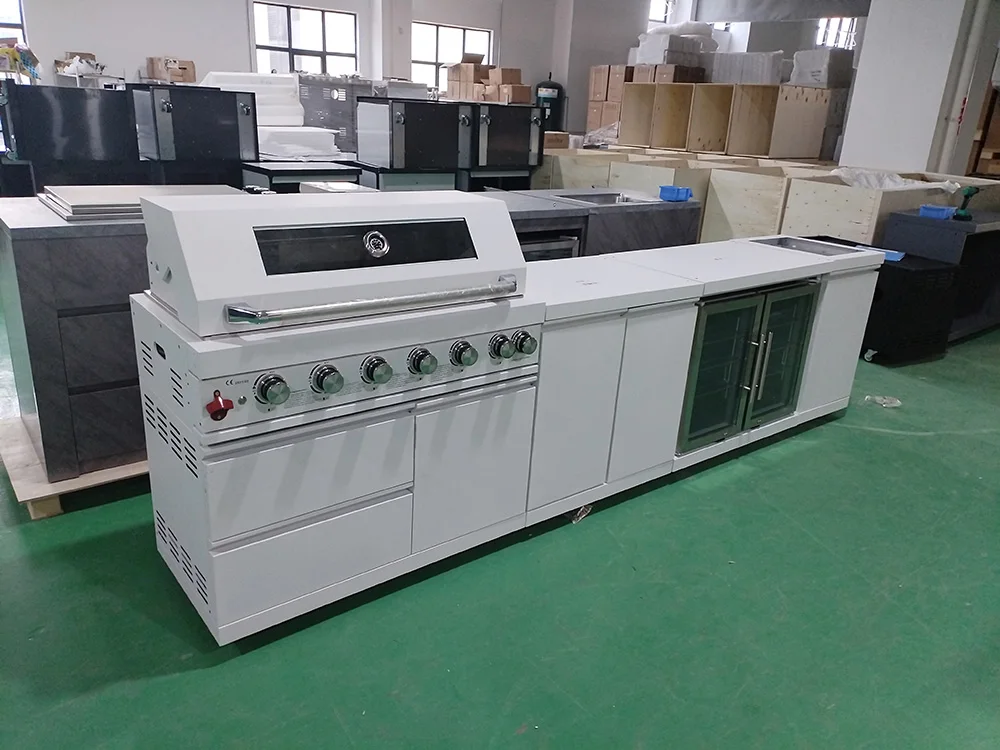 Size: 3380*580*900, white stainless steel with 6-burner grill, double-door refrigerator and double-door storage cabinets