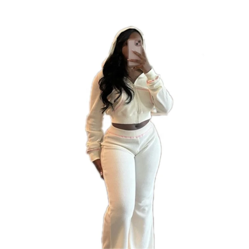 KY Customization Luxury Brand Clothing Elegant Woman Sets Waffle Knit Sweatsuit Contrast Stitching Waffle Knits Loungewear