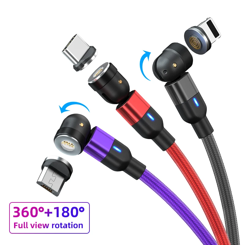 
540 Rotation Nylon Braided Fast Charger Cable 2M LED Magnetic Charging USB Cable 3in1 compatible type c mobile phone 