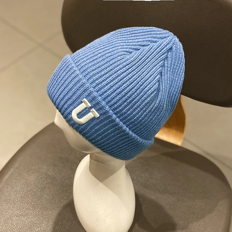 Custom LOGO Design Stitched Knitted Warm Winter Solid Color Skullcap Beanie Hat