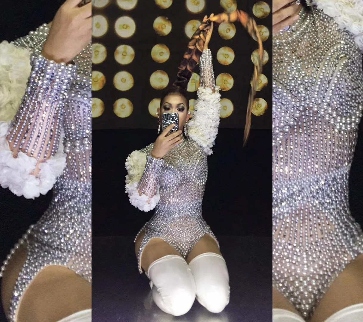 Monos Sexy Tassel Crystal Rompers Women Jumpsuit Party Club Performance Wear Pole Dance Leotard Rhinestone Pearl Bodysuits