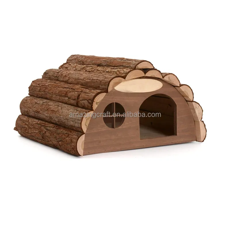 Wooden Hedgehog Guinea Pig House Outdoor Shelter Outside Habitat House Natural Wood Log Hotel OEM