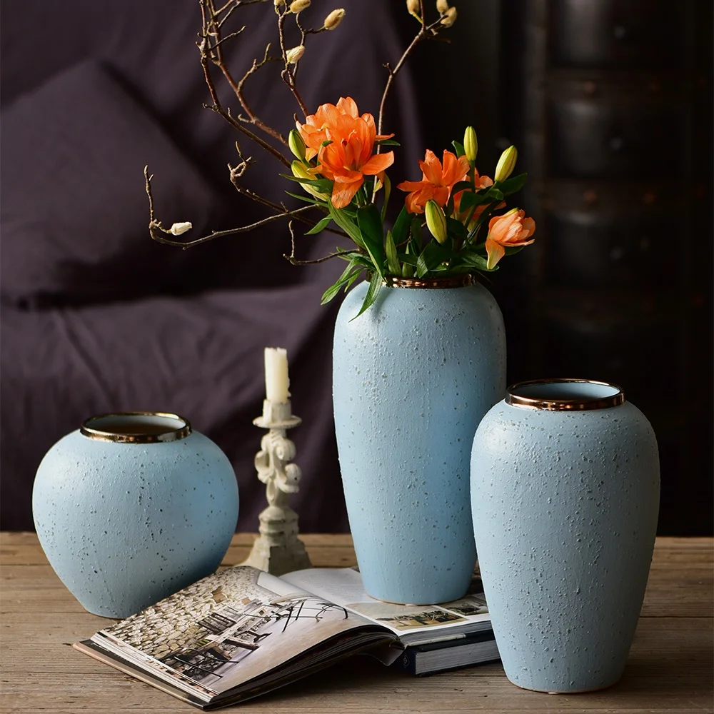 Bixuan Vases Blue Bubbles Retro Distressed Ceramic Jar Vase Unique Golden Decor Art Porcelain Vases Table Centerpieces Set of 3