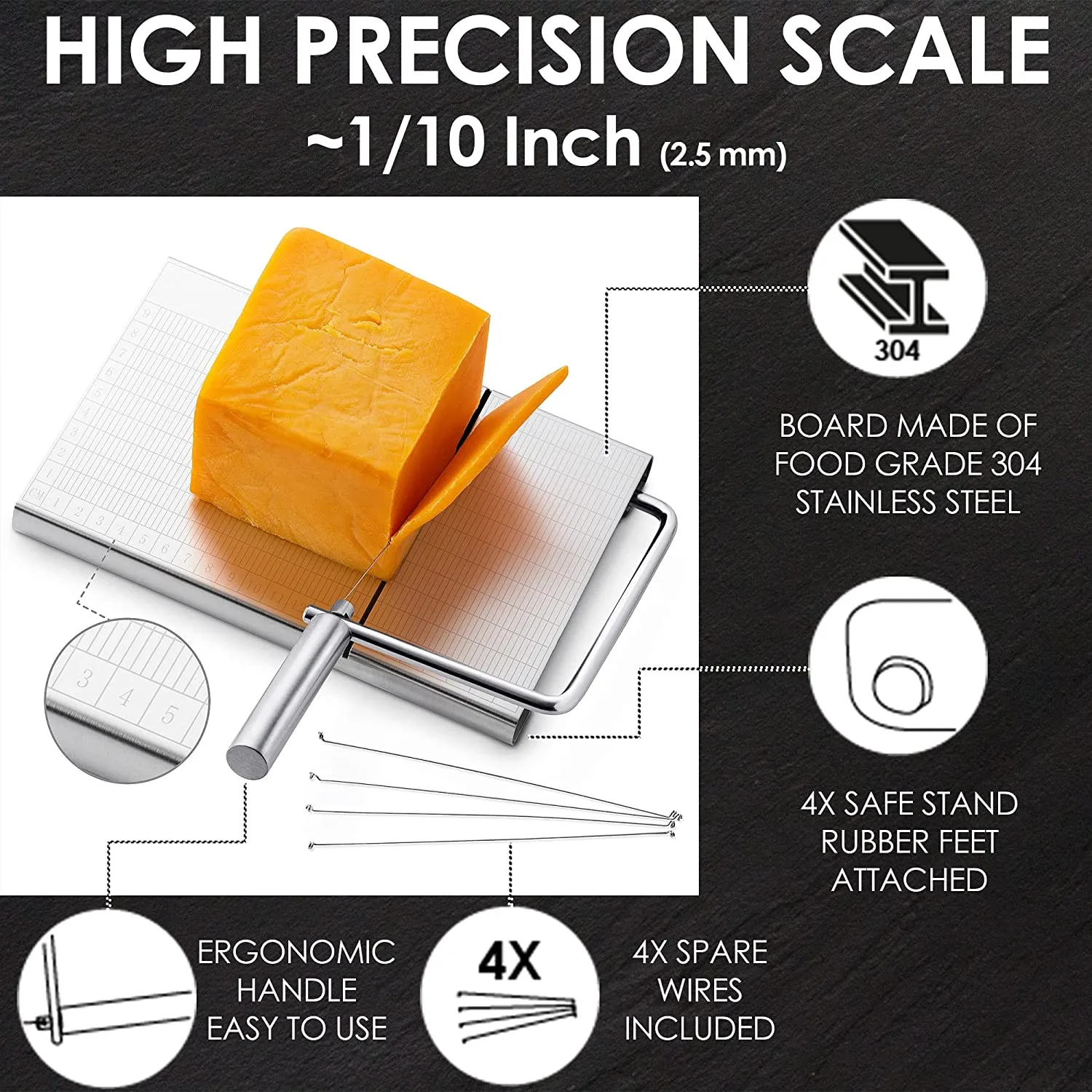 Stainless Steel Cheese Slicer Cutting Board with 5 Replacement Wires Cheese Cutter for Block Cheese