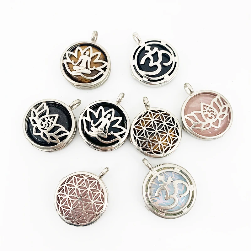 Natural Stone Pendant Round Charm Lotus Ohm Zen Woman Necklace 25 mm Energy Jewelry