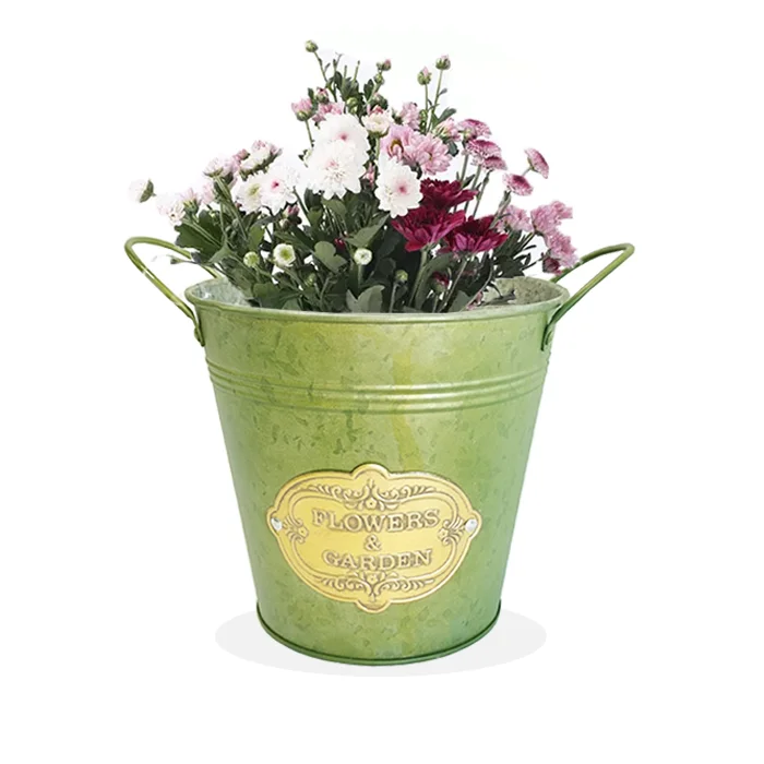 Embossed lines with a garden metal badges custom country vintage bucket hanging flower pot for garden set pot series planter