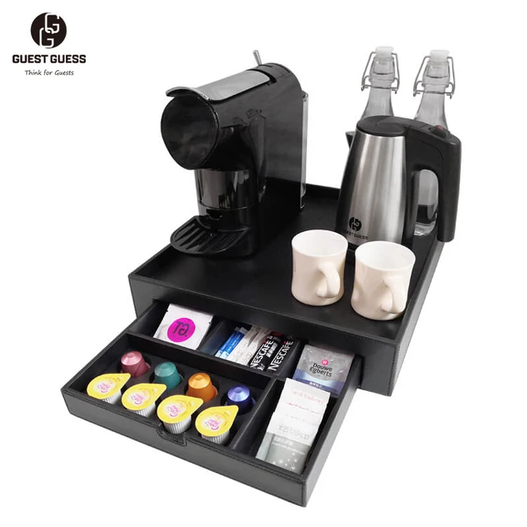 High Quality Custom Logo 5 Star Hotel Amenities Coffee Machine Tray Welcome Hotel Electric Kettle Tray With Drawer