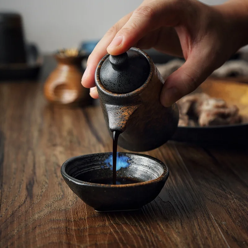 Ancient ceramics sauce oil boat with lid and small plate set vinegar holder container oil vessel