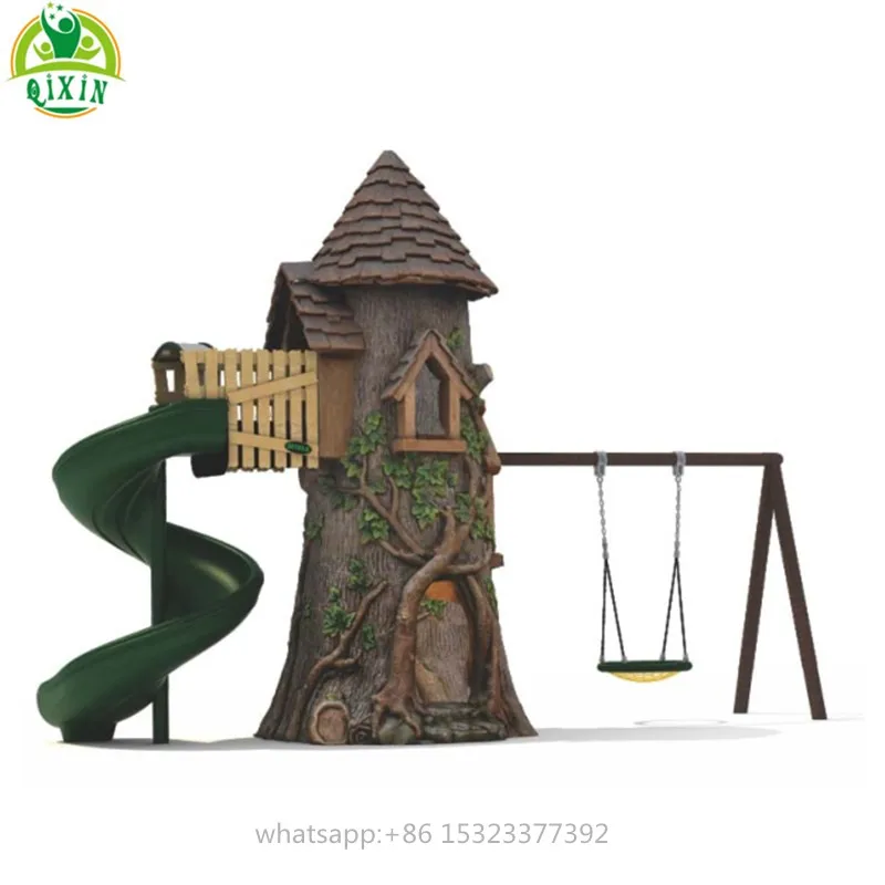 Traditional treehouse playground outdoor kids slide with swing seat