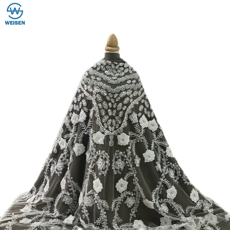 Fashionable 3D handmade spun pearl thin gauze embroidered lace fabric, pearl sequin fabric WS3171