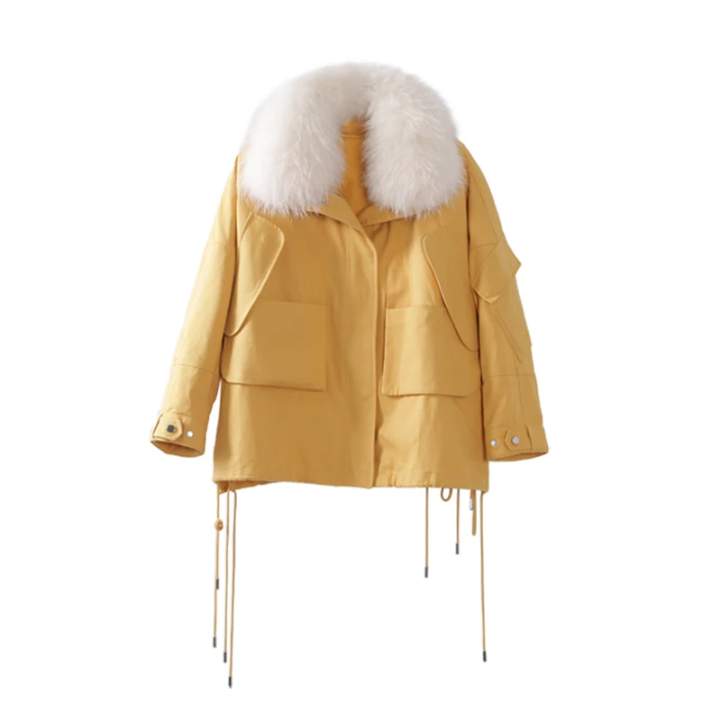 Maomao Kong Real Racoon Fur Coat at Hood Front Placket Cuffs Fur Coat Rabbit Winter Fox Lined Parka Natural Trench Wool Fabric