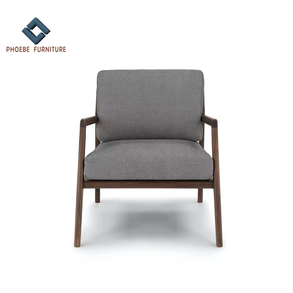 Mid century Modern Linen Fabric Solid Walnut Frame Accent Lounge Arm Chair