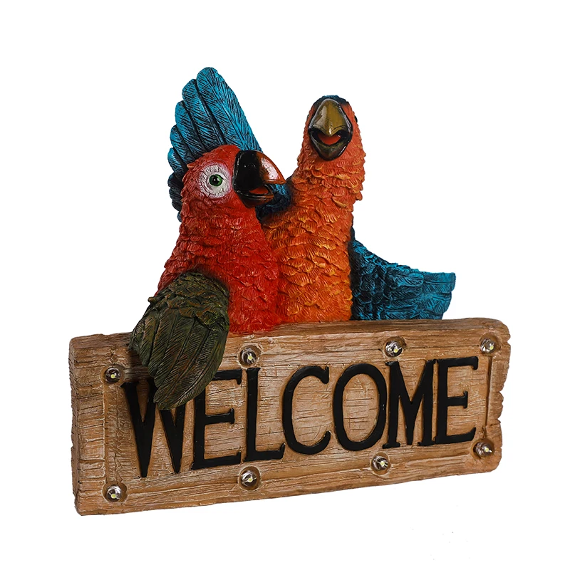 
Polyresin Solar welcome sign parrots statue resin animals figuren Succulents with solar light 