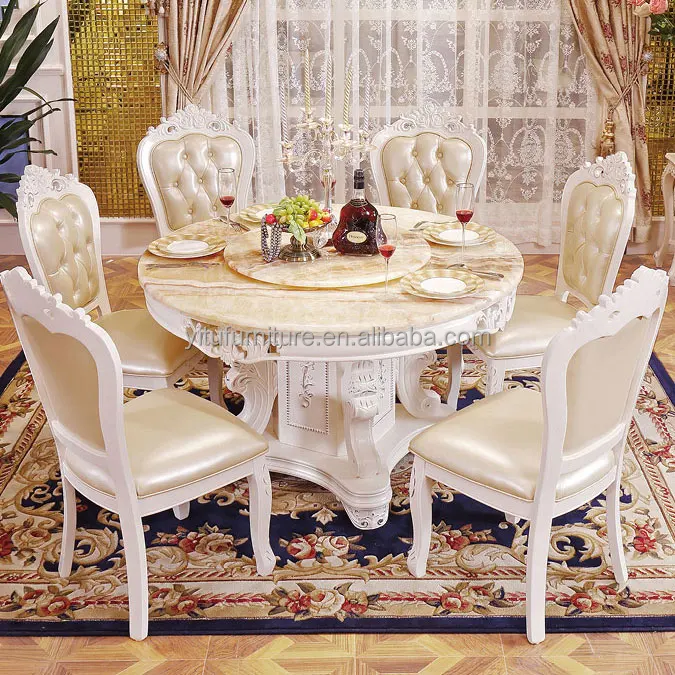 European dining room furniture set classic antique luxury dinner chairs marble top tables solid wood carved round dining table