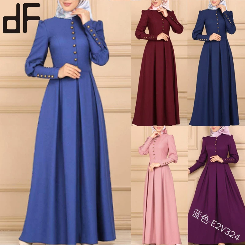 new coming vintage folk islamic clothing women bridal maxi dress muslim long sleeve evening dress button long gown dress