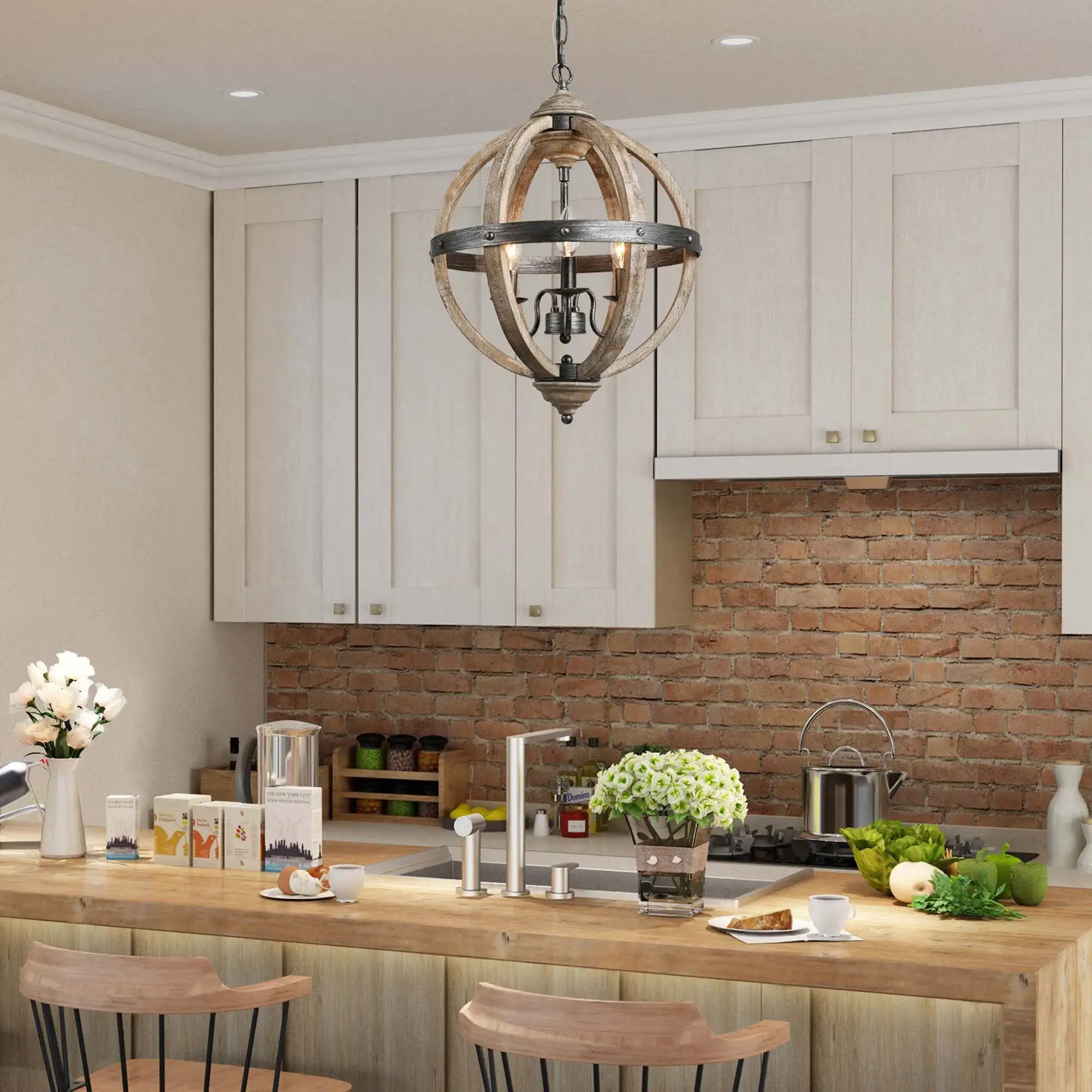 
EEA Hanging Kitchen Dinning Pendant Light Antique Vintage Farmhouse Wooden Chandelier for Living Room 