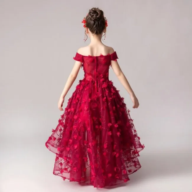 Красное платье с открытыми плечами для девочек, платья с цветком для От 3 до 14 лет, платья для девочек, с цветком