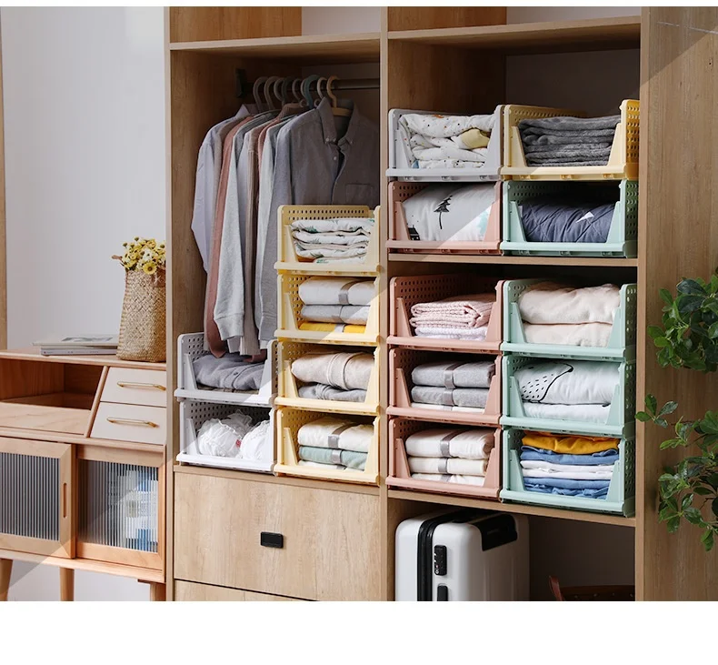 Stackable Plastic Storage Basket Foldable Closet Organizers Storage Bins Drawer Shelf Storage Container for Wardrobe Cupboard
