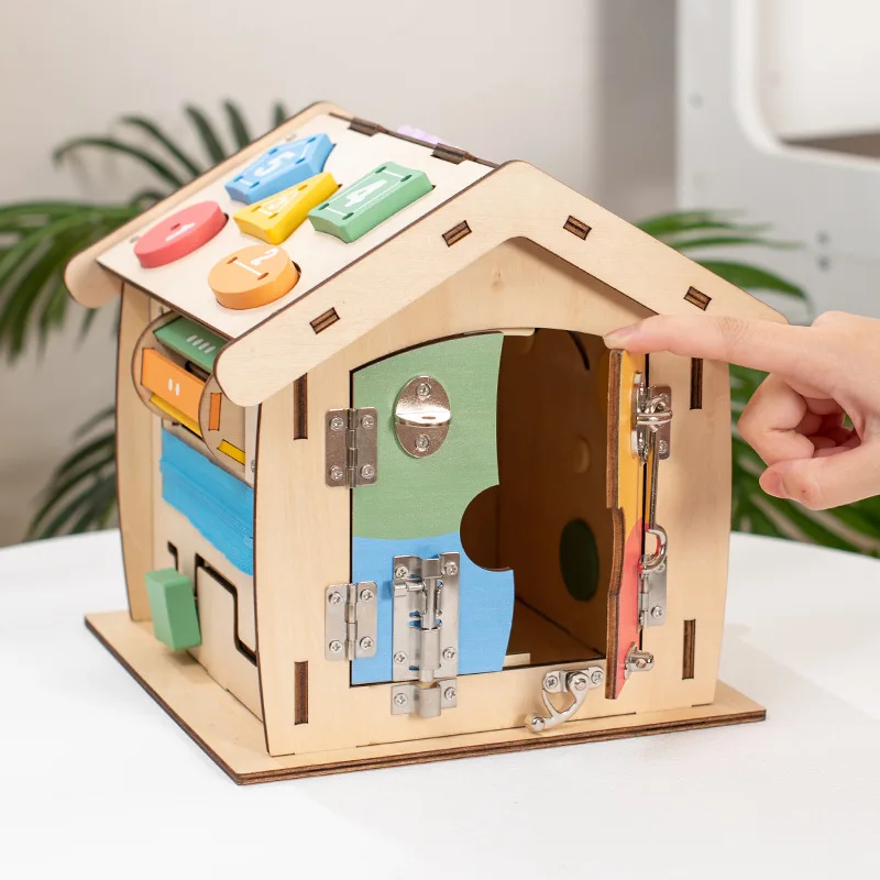 Kids Montessori Busy House Wooden Busy Board Toy for Toddlers Sensory House Activity Cube Toys Intelligence Unlock Box