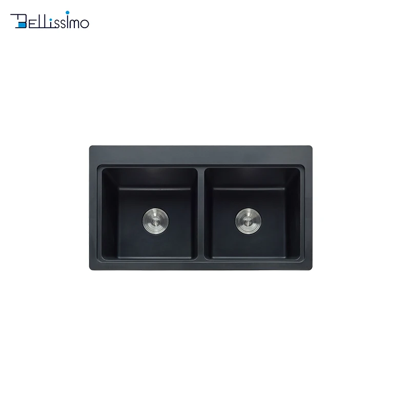 LD-SA04 Farmhouse 1/2 Inch Dual Mount 50/50 Double Bowl Black Undermount Composite Basin Kitchen Granite Sink
