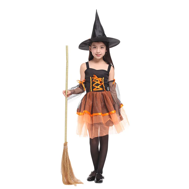 Kids Halloween Witch Vampire Magician Costume Carnival Cosplay Dress with Hat Girls Lovely Organza Witch Dress