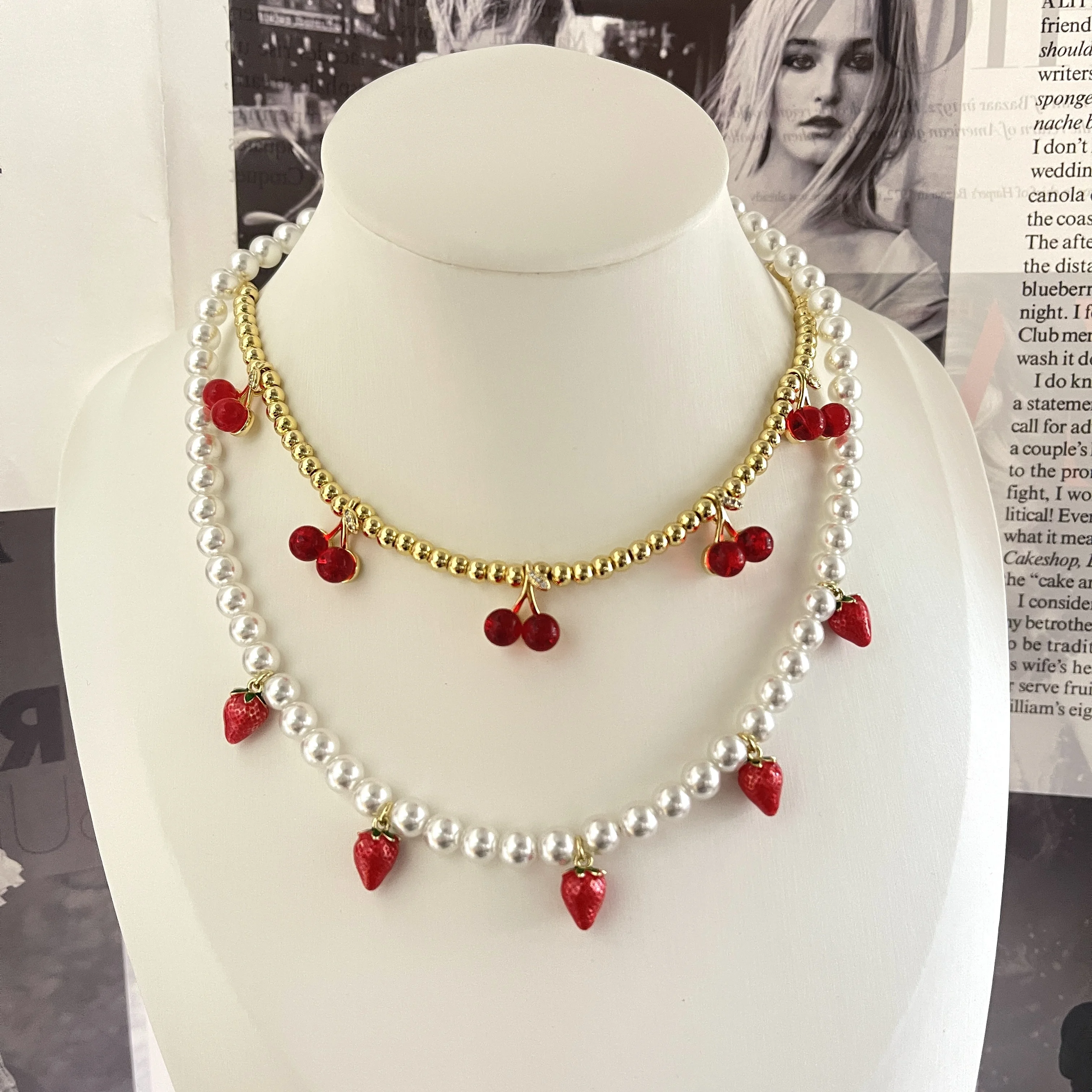 New Fashion Design Cherry Strawberry Pearl Necklace Lovely Pineapple Lemon Fruit Luxury Gold Plated Choker  Women Lady Jewelry