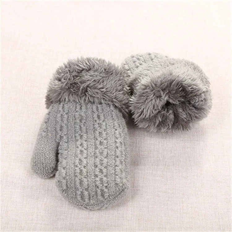 Wholesale Children Knitted Full Finger Gloves Kids Winter Mittens with Fur Cuff  ZJ470