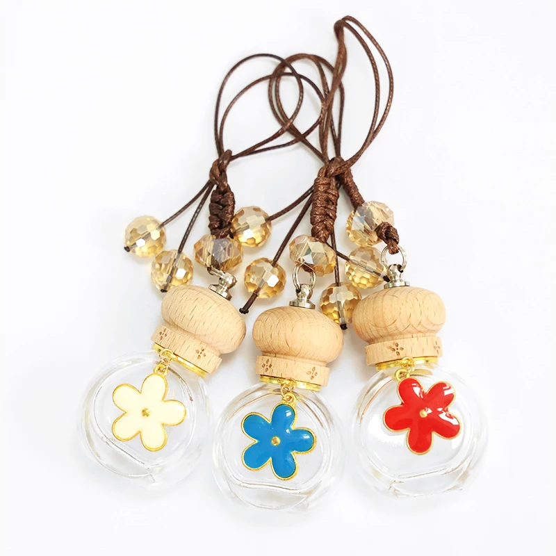Wholesale 8ml Empty Air Freshener OEM Logo Round Wooden Glass Aroma Bottle Vent Car Diffuser Perfume Bottle