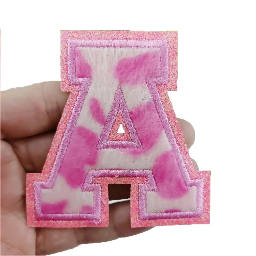 Pink Leopard print glitter letter patches Clothes Cheetah chenille patch letters A-Z iron on letter patches